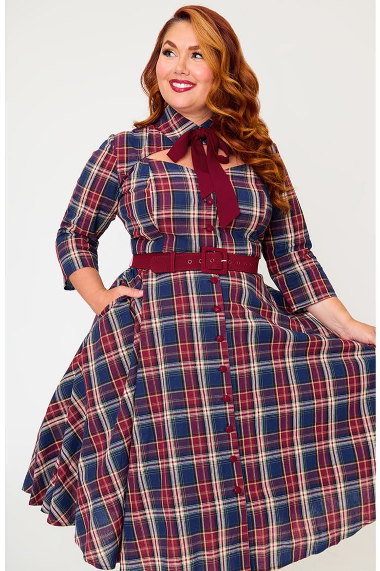 Plus Size Sweetheart Neck Swing Dress, Alternate, color, Blue & Burgundy Plaid
