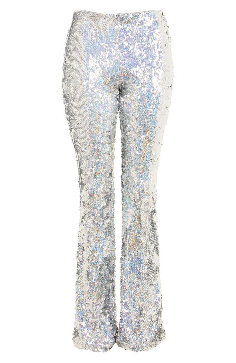 Topshop Premium Sequin Flare Leg Trousers, Alternate, color, 