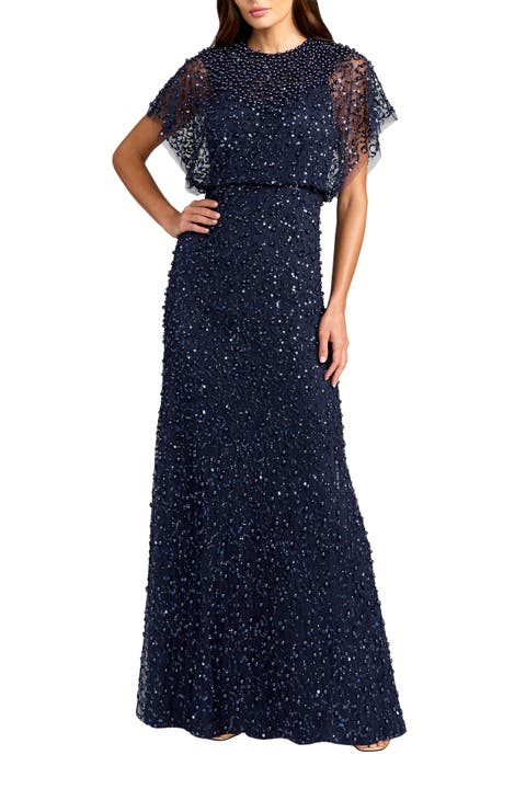 Petite High Neck Short Sleeve Embellished Gown