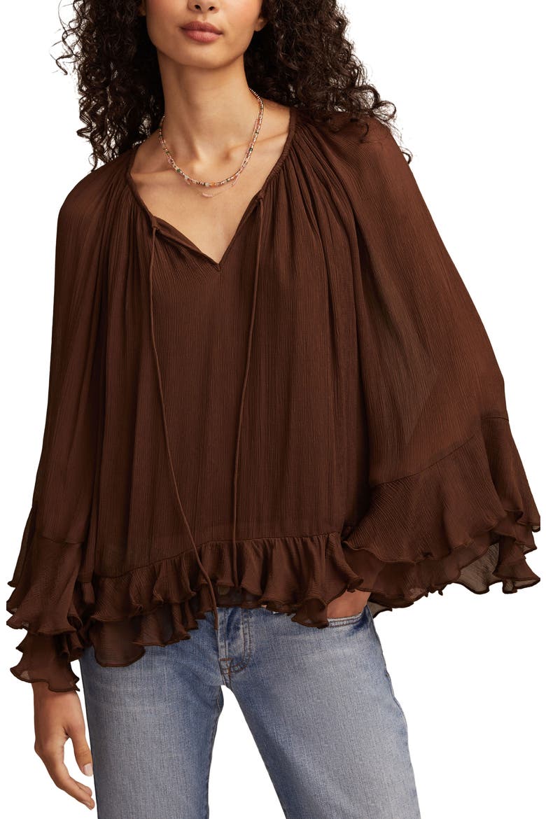 Ruffle Chiffon Trapeze Top, Main, color, CHOCOLATE BROWN
