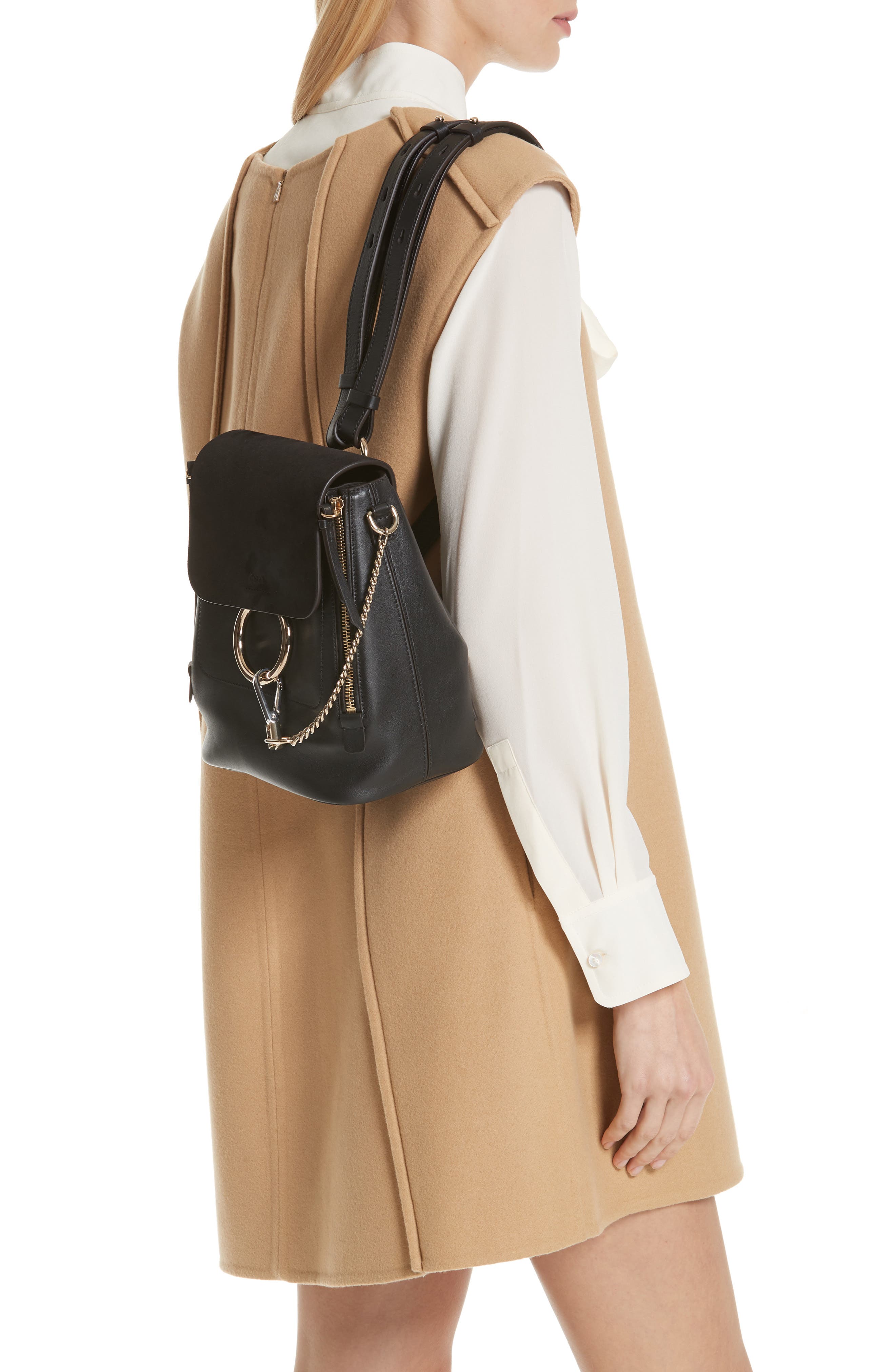 Small Faye Suede & Leather Backpack, Alternate, color, BLACK