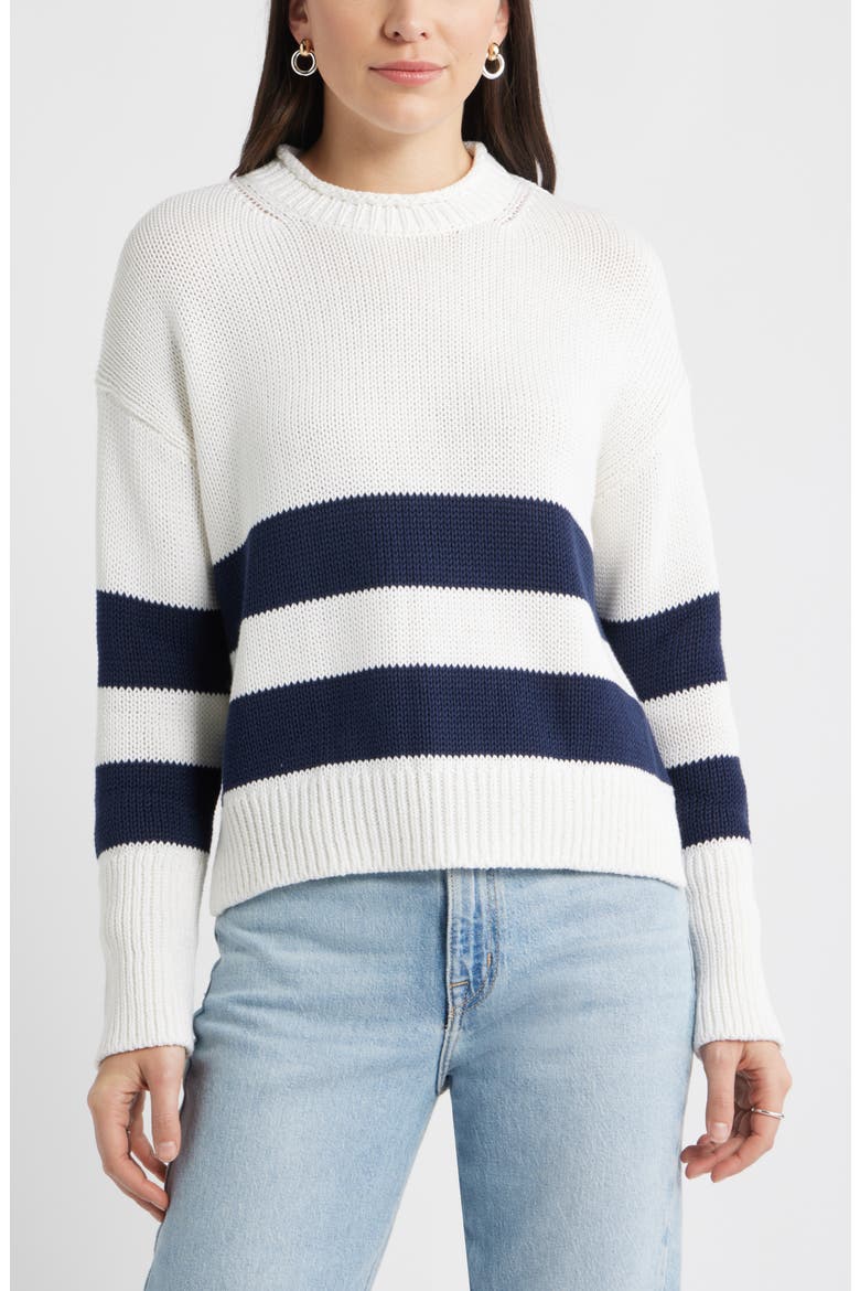 Stripe Roll Neck Cotton Sweater, Main, color, WHITE- NAVY PLACED STRIPE