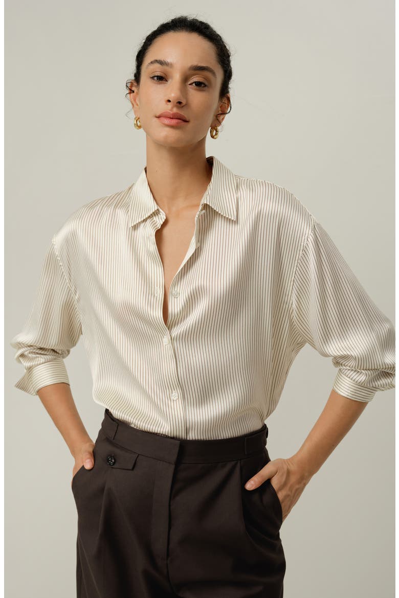 Women's Silk Charmeuse Pinstripe Shirt, Alternate, color, Drifted Mocha