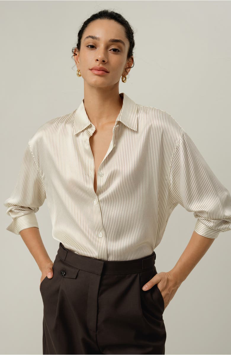 Lilysilk Silk Charmeuse Pinstripe Shirt, Alternate, color, Drifted Mocha