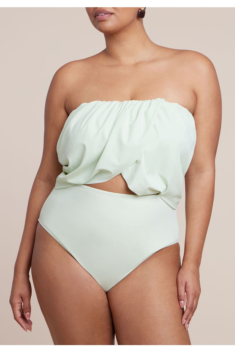 Crossover Strapless One Piece, Alternate, color, SEA CREST