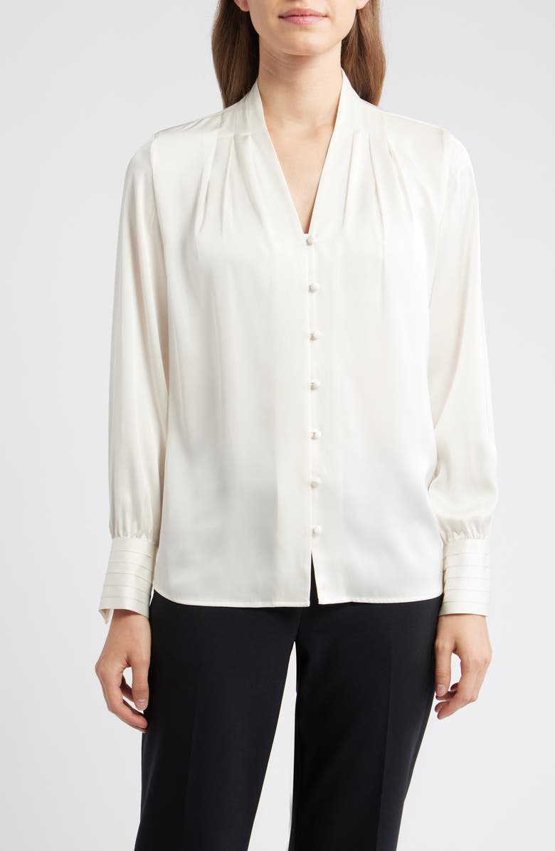 Anne Klein Pleat Front V-Neck Button-Up Shirt, Main, color, Eclair