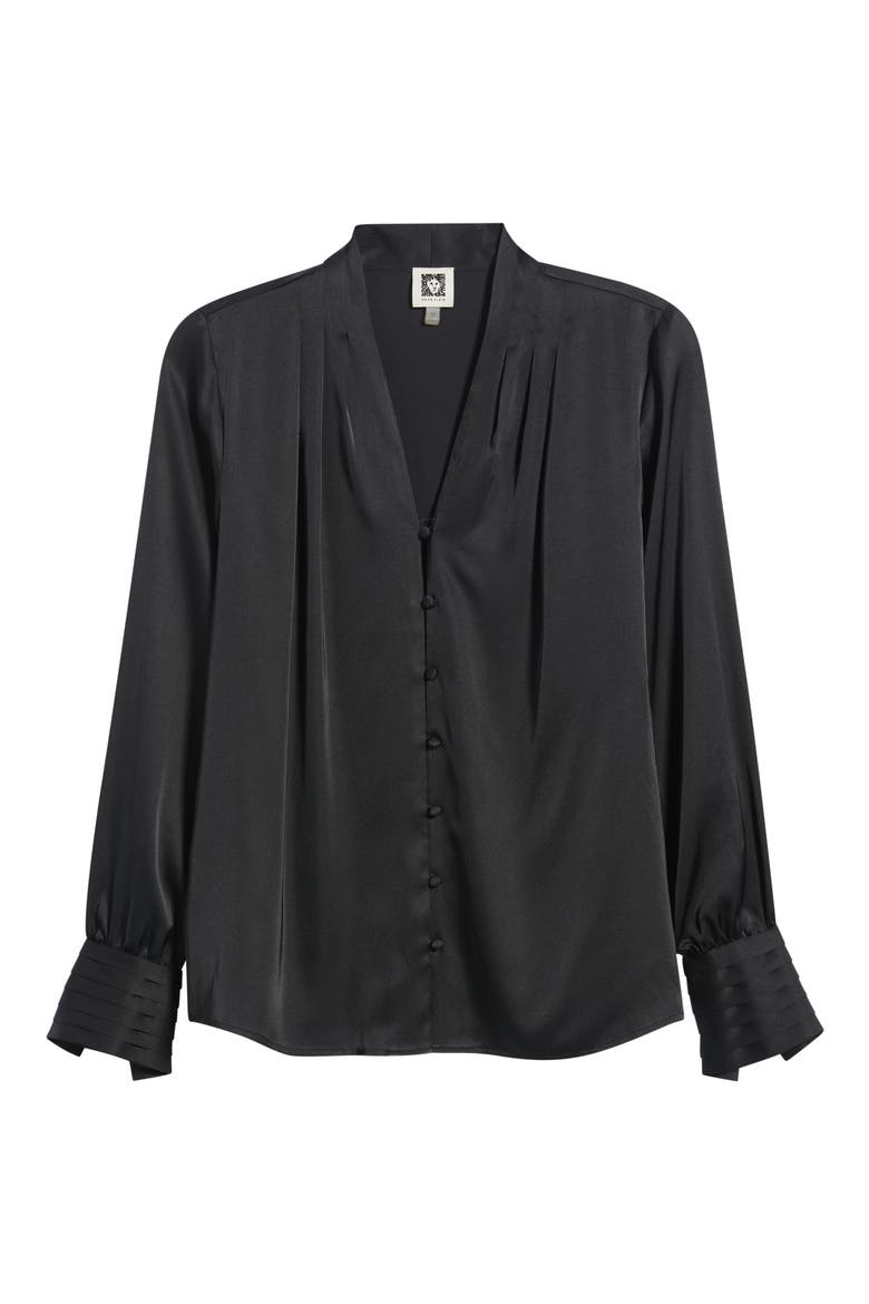 Pleated V-Neck Top, Alternate, color, ANNE BLACK