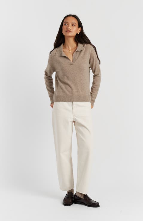Wool Cashmere Blend V Neck Collared Sweater