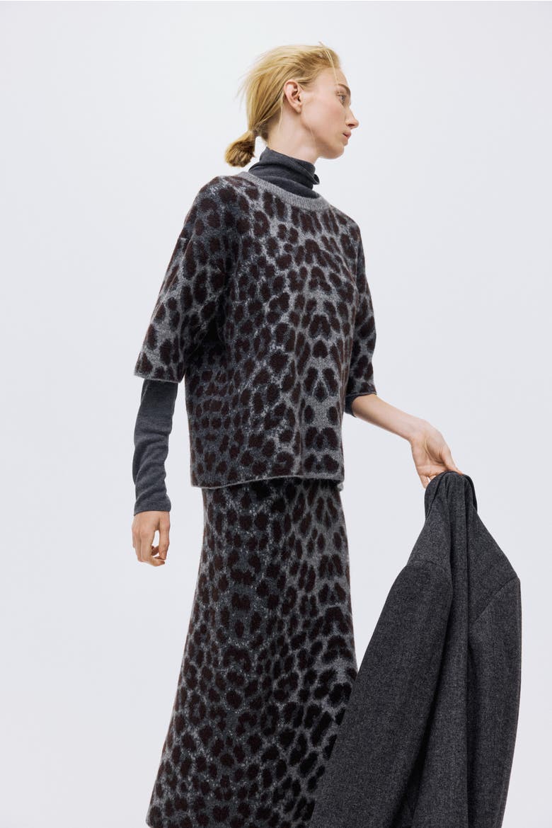 Boxy Jacquard-knit Jumper, Alternate, color, Gray/leopard print