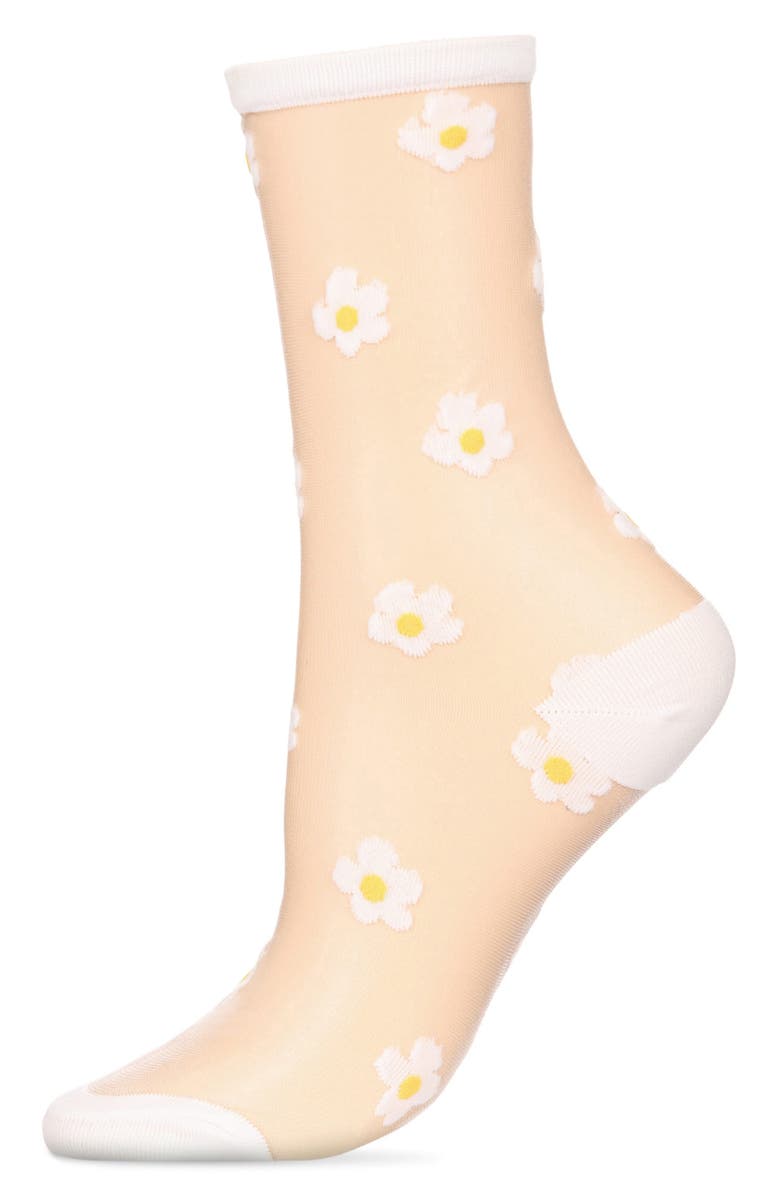 MeMoi Daisies Sheer Crew Socks, Alternate, color, White