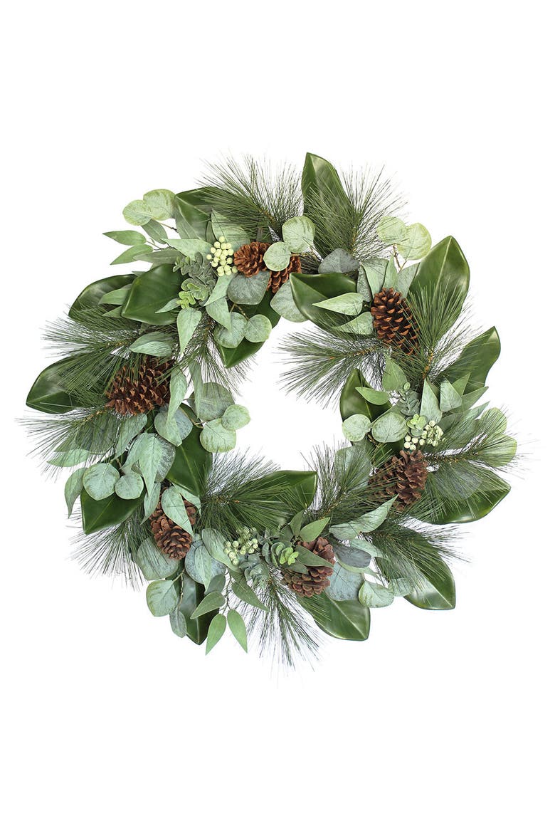 28" Magnolia, Eucalyptus, Pinecone, & Needle Pine Wreath, Main, color, Earth tones