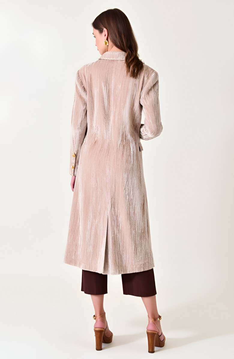 Modenaire Velvet Double-Breasted Coat with Structured Lapels and Buttons, Alternate, color, Beige