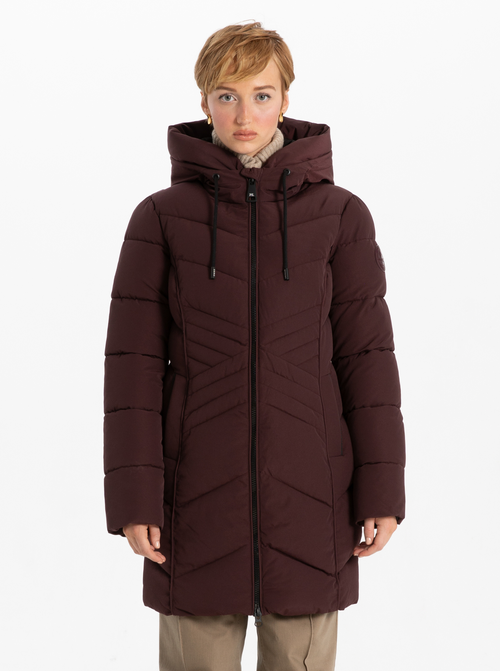 Point Zero Star-stitch Chic Long Puffer Jacket In Merlot