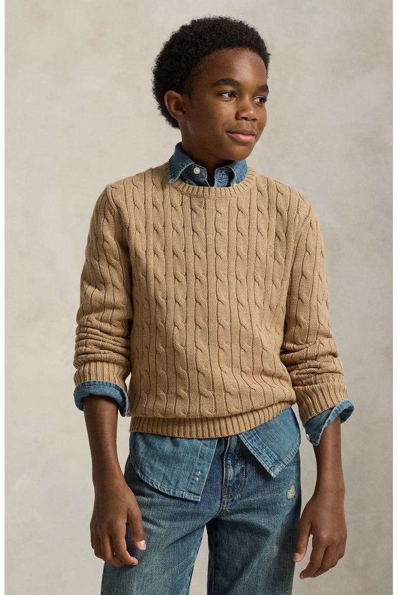 Kids' Cable Knit Cotton Sweater, Alternate, color, CAMEL HEATHER