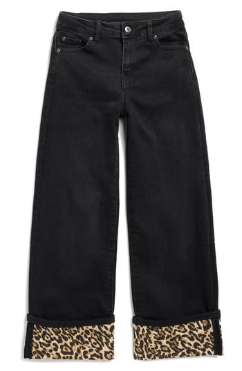 Tractr Kid's Leopard Cuff Wide Leg Pants In Black