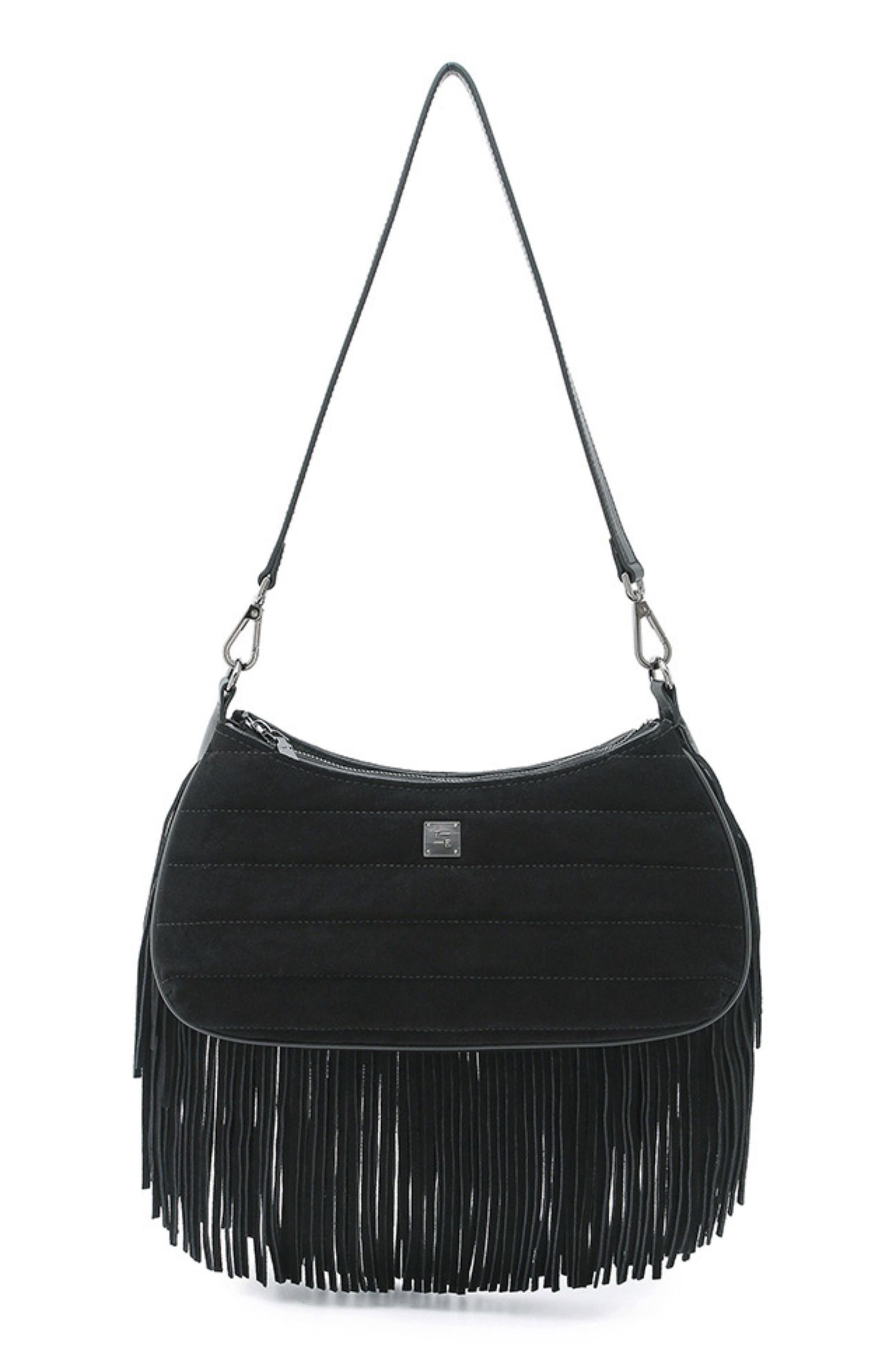 Maverick Fringe Leather Crossbody Bag, Main, color, BLACK SUEDE