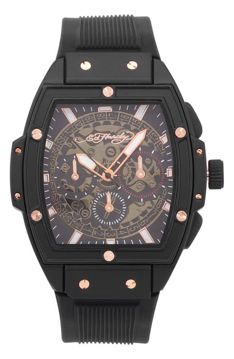 Tonneau Three Hand Quartz SIlicone Strap Watch, 48mm