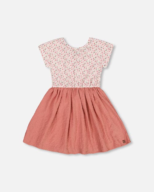 Deux Par Deux Little Girl's Bi-material Dress With Printed Top Small Flowers And Pink In Small Flowers And Pink