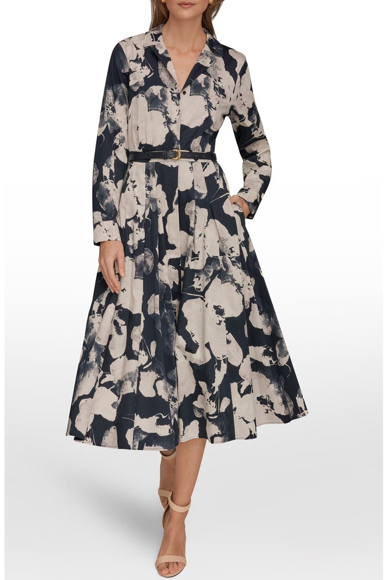 Print Pleated Long Sleeve Midi Dress, Main, color, NIGHTFALL MULTI