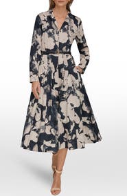 Donna Karan New York Print Pleated Long Sleeve Midi Dress