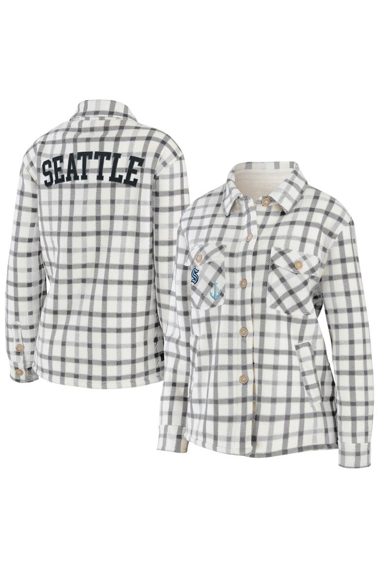 Women's WEAR by Erin Andrews Oatmeal Seattle Kraken Plaid Button-Up Shirt Jacket, Main, color, Oatmeal