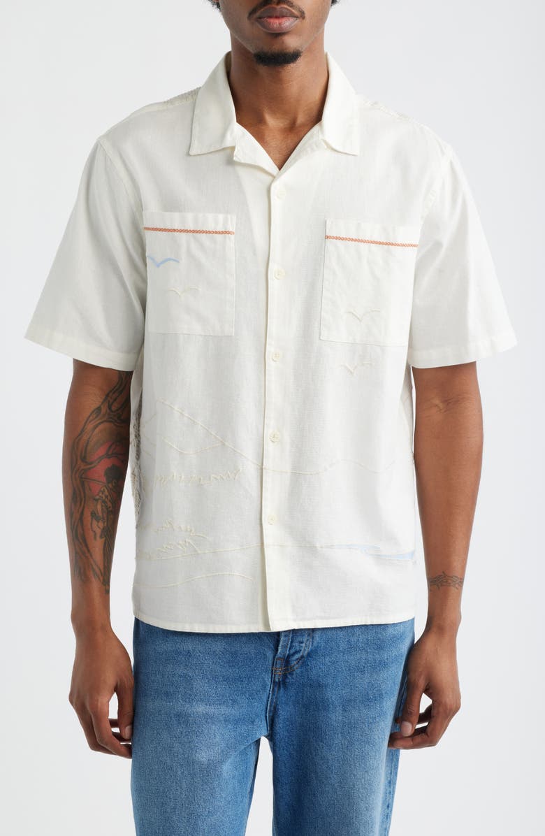 Wax London Didicot Summer Appliqué Cotton & Linen Camp Shirt, Main, color, Ecru