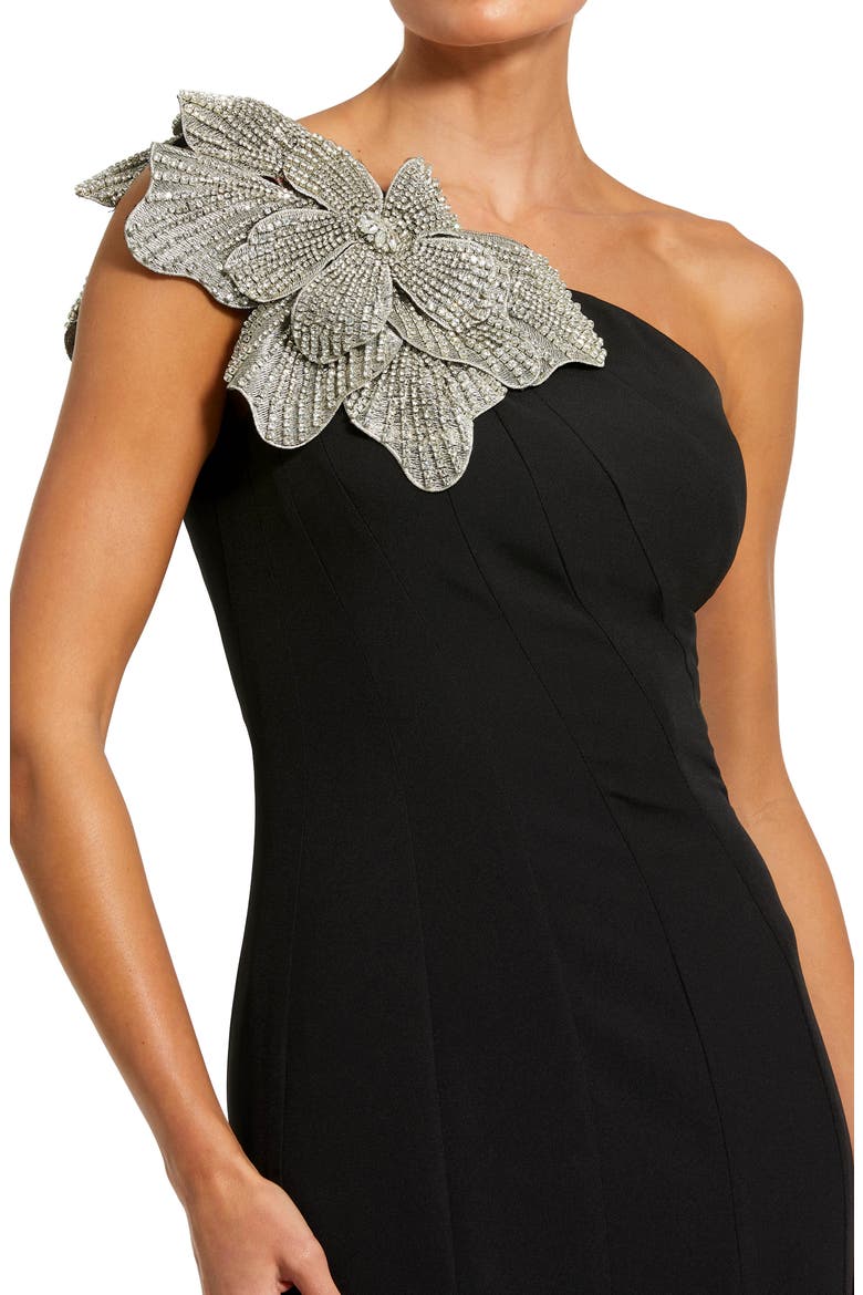 Women's Crepe One Shoulder Gown With Flower Detail, Alternate, color, BLACK