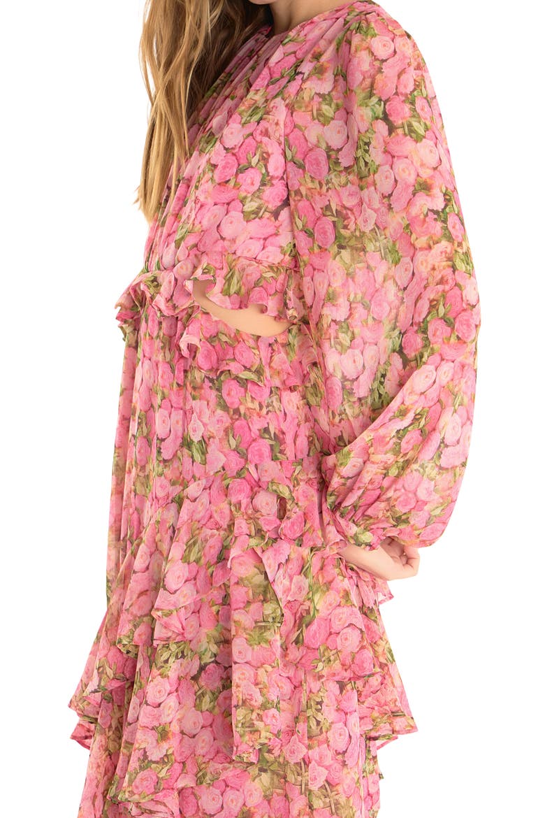 Floral Long Sleeve Waist Cutout Chiffon Dress, Alternate, color, PINK MULTI