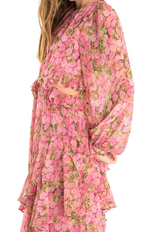 Endless Rose Floral Print Tiered Ruflle Long Sleeve Maxi Dress In Pink Multi
