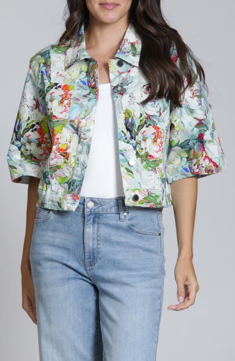 Floral Print Short Sleeve Denim Jacket