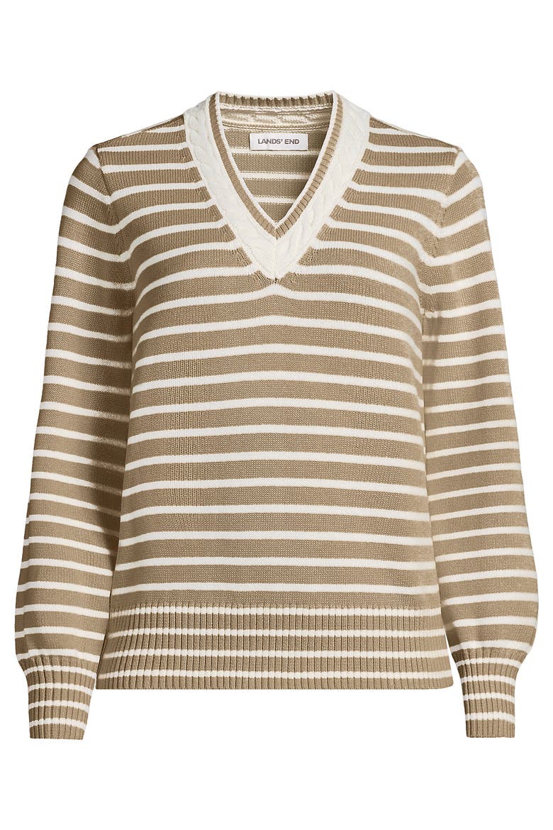 Drifter Set in Sleeve Vneck Sweater, Alternate, color, Champagne/Ivory Mini Stripe