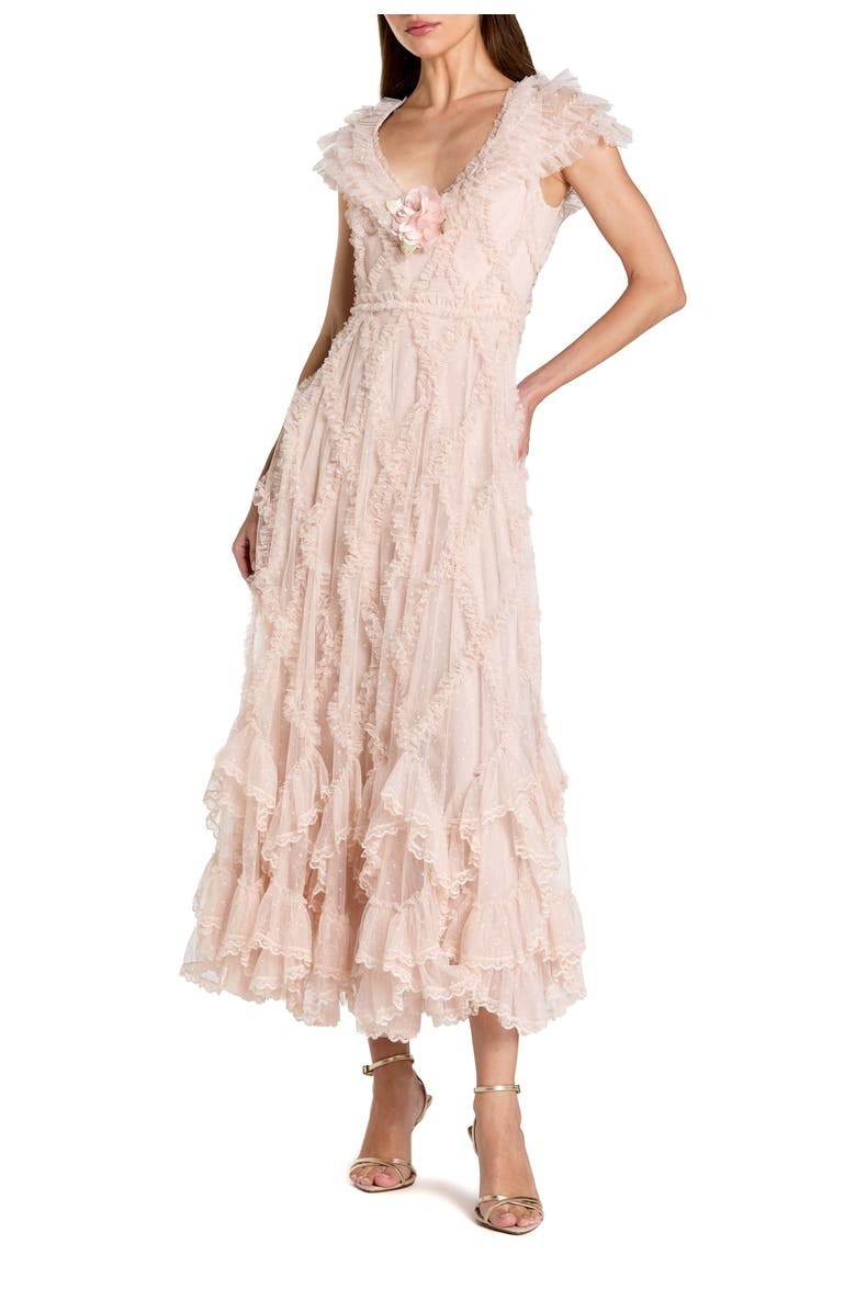 Mac Duggal Petite Micro Ruffle Cap Sleeve A-Line Midi Dress, Main, color, Blush