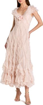 Mac Duggal Petite Micro Ruffle Cap Sleeve A-Line Midi Dress