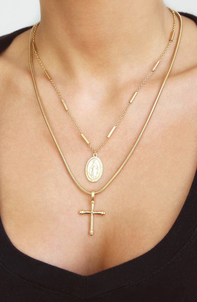 Ettika Coin & Cross Set of 2 Necklaces, Alternate, color, Gold