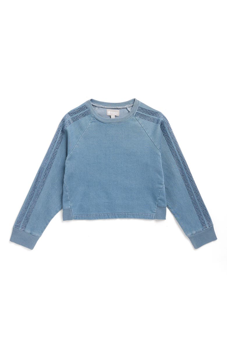 Tractr Kids' Rhinestone Detail Denim Sweatshirt, Main, color, Medium Indigo