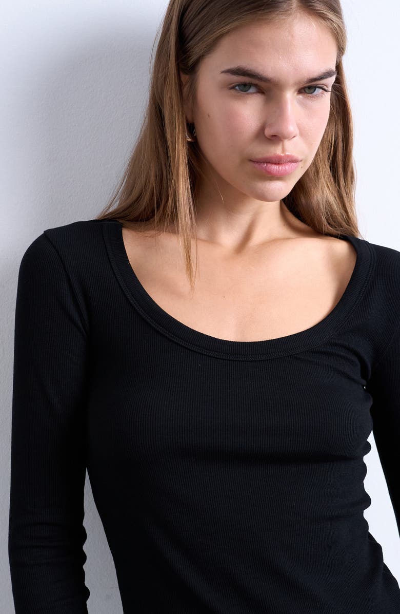 Topshop Scoop Neck Long Sleeve Rib Top, Alternate, color, Black