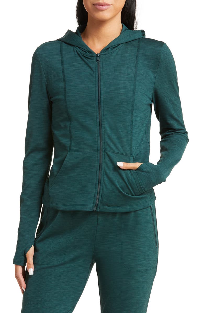 Beyond Yoga Heather Rib Zip-Up Hooded Jacket, Alternate, color, Midnight Green Heather Rib