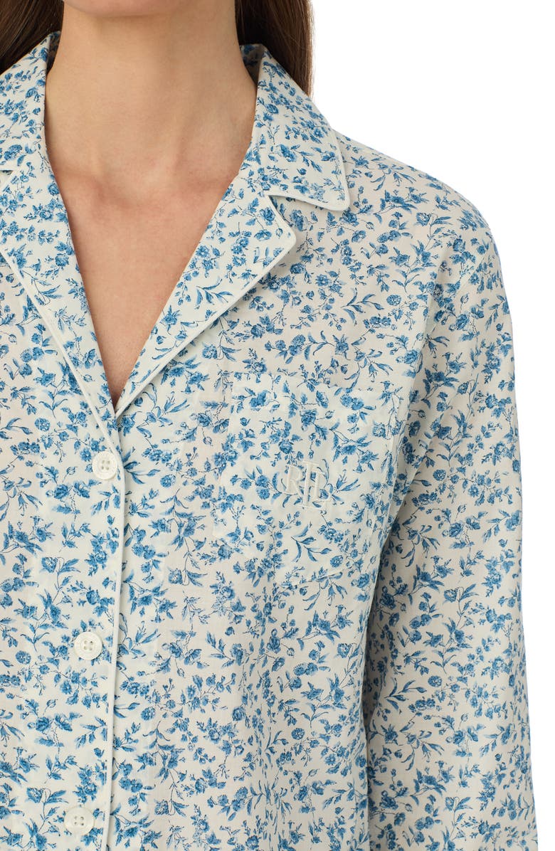 Lauren Ralph Lauren Print Cotton Blend Three-Quarter Sleeve Ankle Length Pajamas, Alternate, color, Ivory Blue