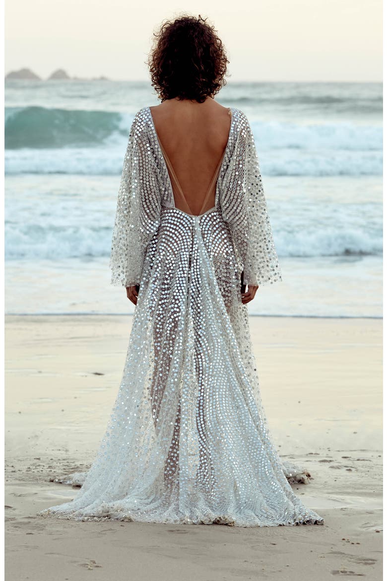 Toby Sequin High/Low Wedding Dress, Alternate, color, SILVER