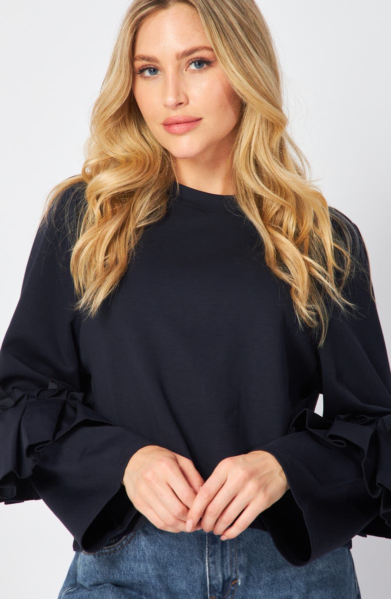 BLUEGREY Ruffle Long Sleeve Scuba Knit Top, Alternate, color,