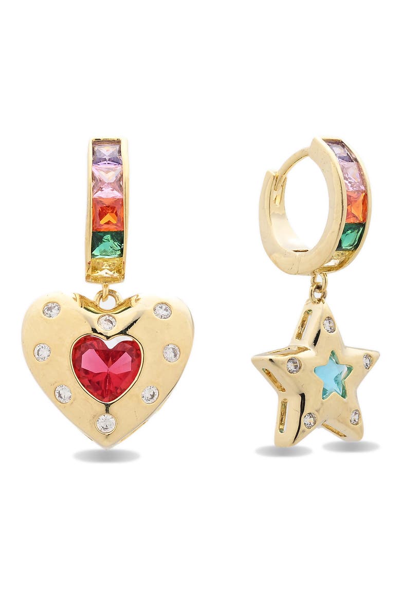 Estella Cubic Zirconia Heart & Star Drop Huggie Hoop Earrings, Main, color, GOLD