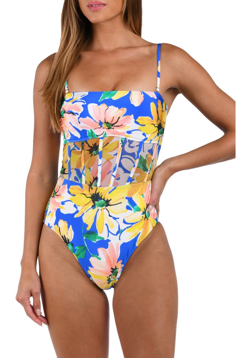 Sunflower Bandeau One-Piece Swimsuit, Main, color, BLUE MULTI