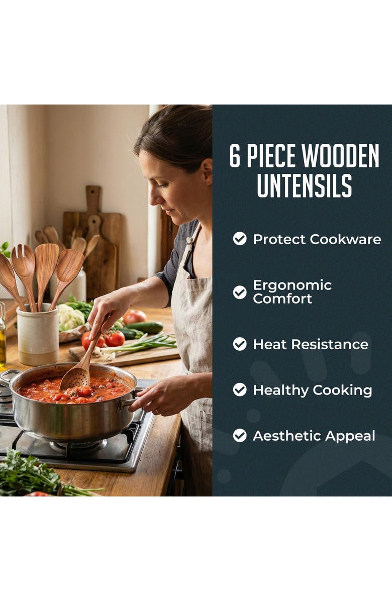 Luminuxe Premium Natural Teak Wood Kitchen Utensil Set, Alternate, color, Natural