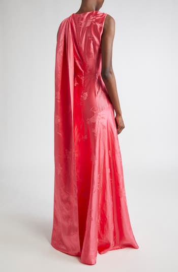 Asymmetric Draped Floral Jacquard Satin Gown