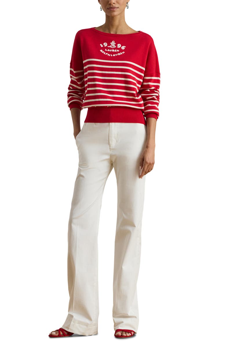 Lauren Ralph Lauren Striped Combed Cotton Boat Neck Sweater, Alternate, color, Cream/ Cruise Red