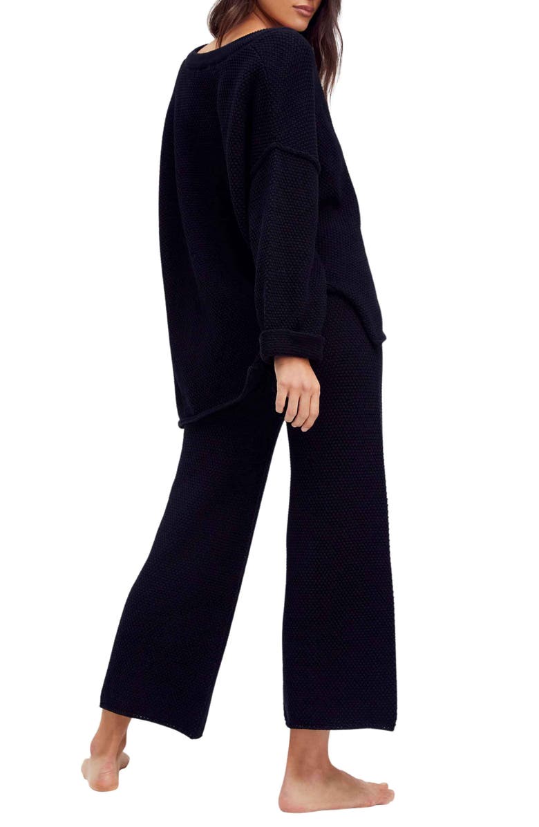 Free People free-est Hailee Waffle Stitch Long Sleeve Top & Wide Leg Pants Knit Set, Alternate, color, Black