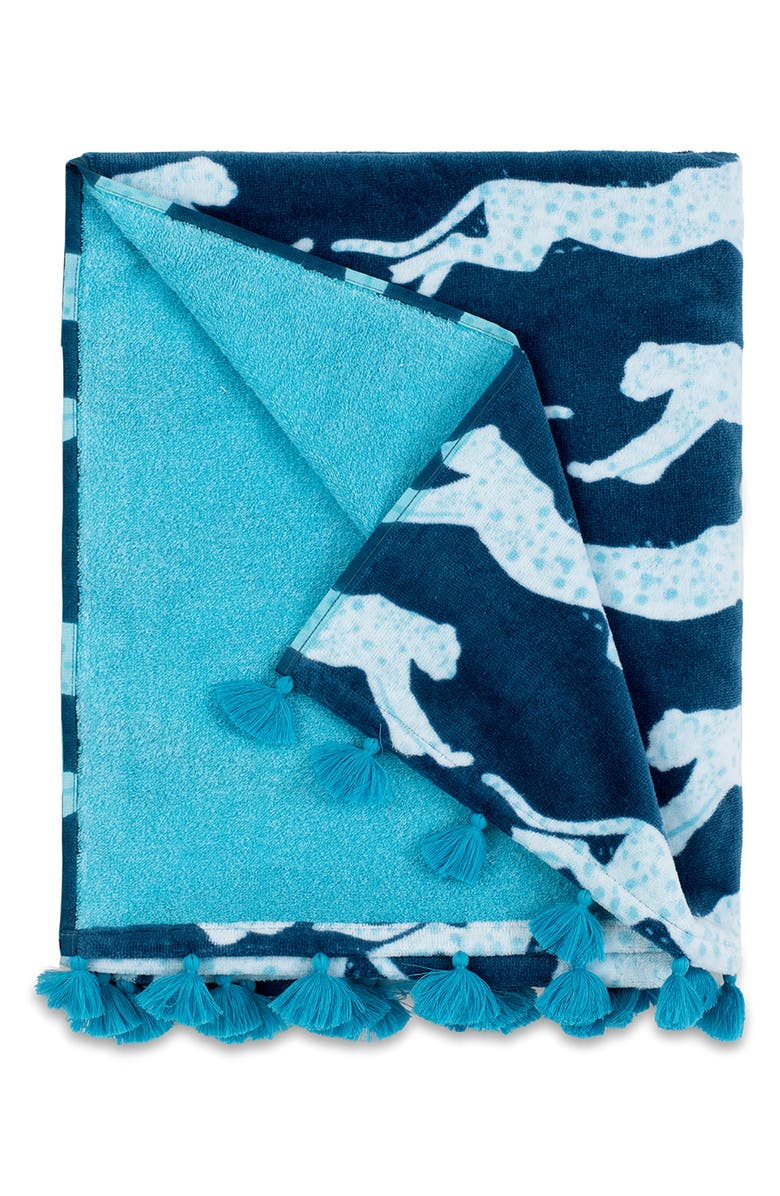 Matouk Leaping Leopard Beach Towel, Main, color, Navy