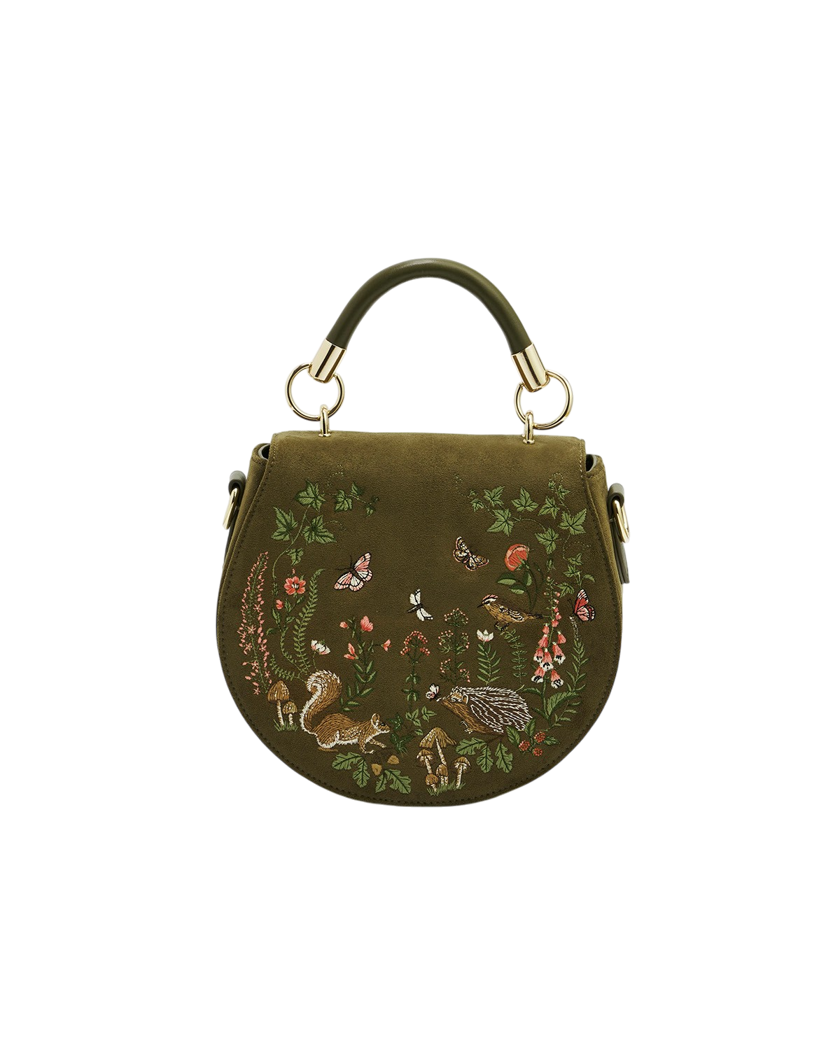 Charlotte Meadow Scene Embroidered Faux Suede Saddle Purse, Main, color, Khaki