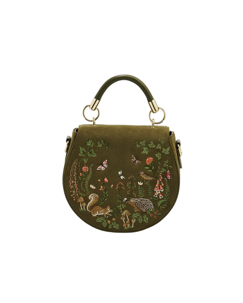 Charlotte Meadow Scene Embroidered Faux Suede Saddle Purse