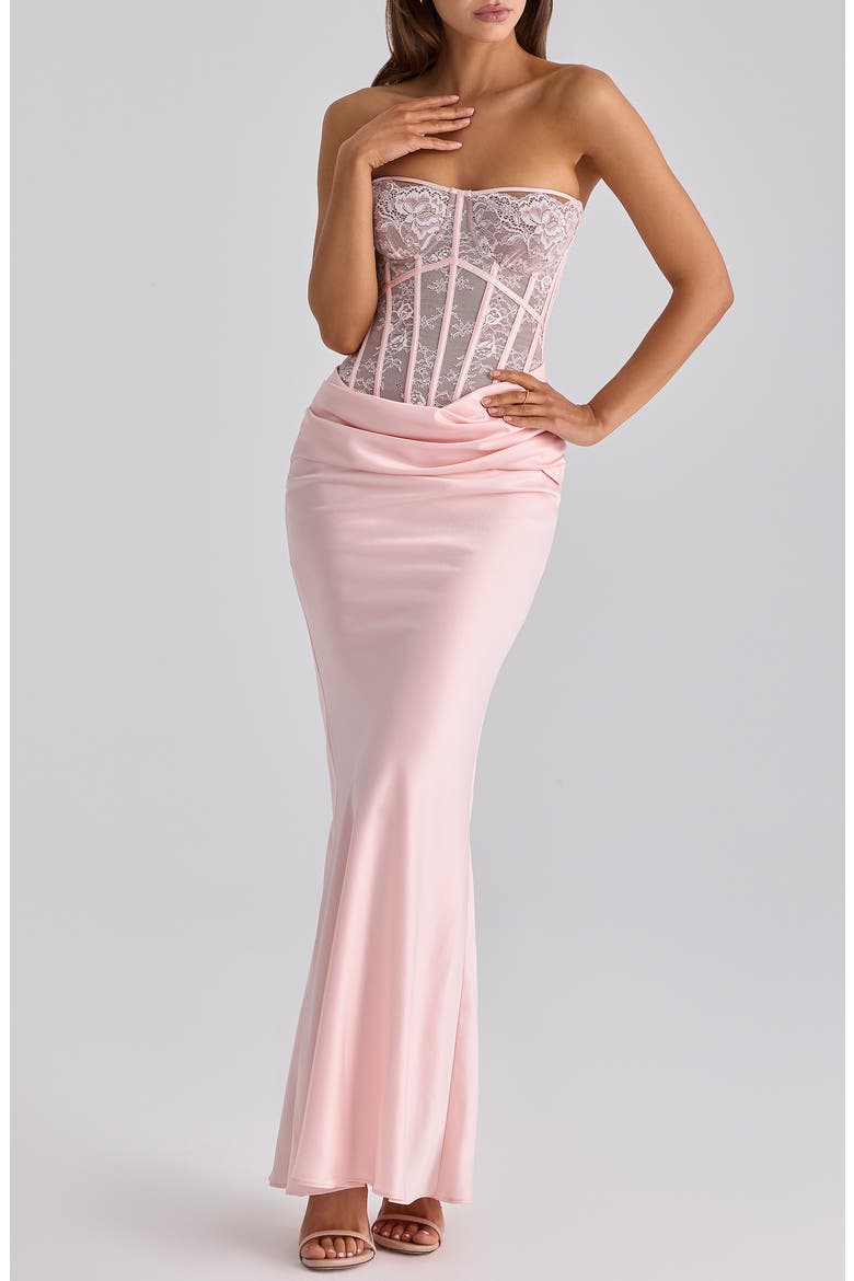 Ayana Strapless Lace & Satin Mermaid Gown, Main, color, PINK